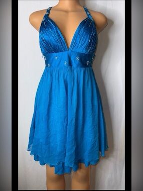 Blue Halter V-Neck Embellished dress